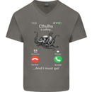 Cthulhu Is Calling Funny Kraken Mens V-Neck Cotton T-Shirt Charcoal