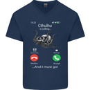 Cthulhu Is Calling Funny Kraken Mens V-Neck Cotton T-Shirt Navy Blue