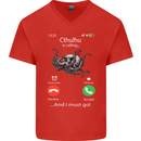 Cthulhu Is Calling Funny Kraken Mens V-Neck Cotton T-Shirt Red