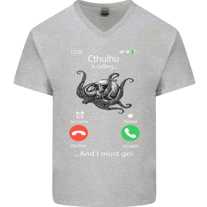 Cthulhu Is Calling Funny Kraken Mens V-Neck Cotton T-Shirt Sports Grey