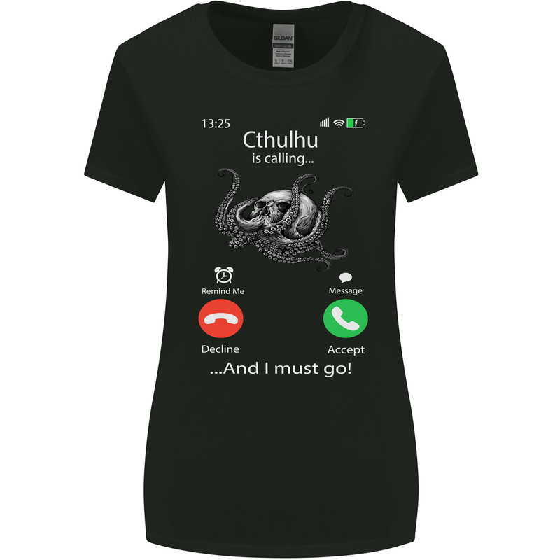 Cthulhu Is Calling Funny Kraken Womens Wider Cut T-Shirt Black