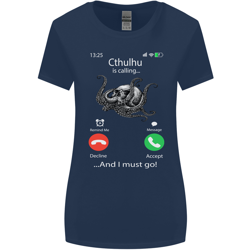 Cthulhu Is Calling Funny Kraken Womens Wider Cut T-Shirt Navy Blue