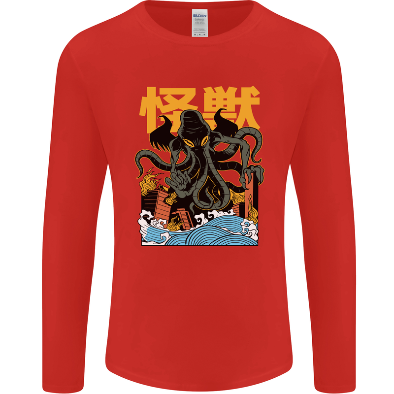 Cthulhu Japanese Anime Kraken Mens Long Sleeve T-Shirt Red