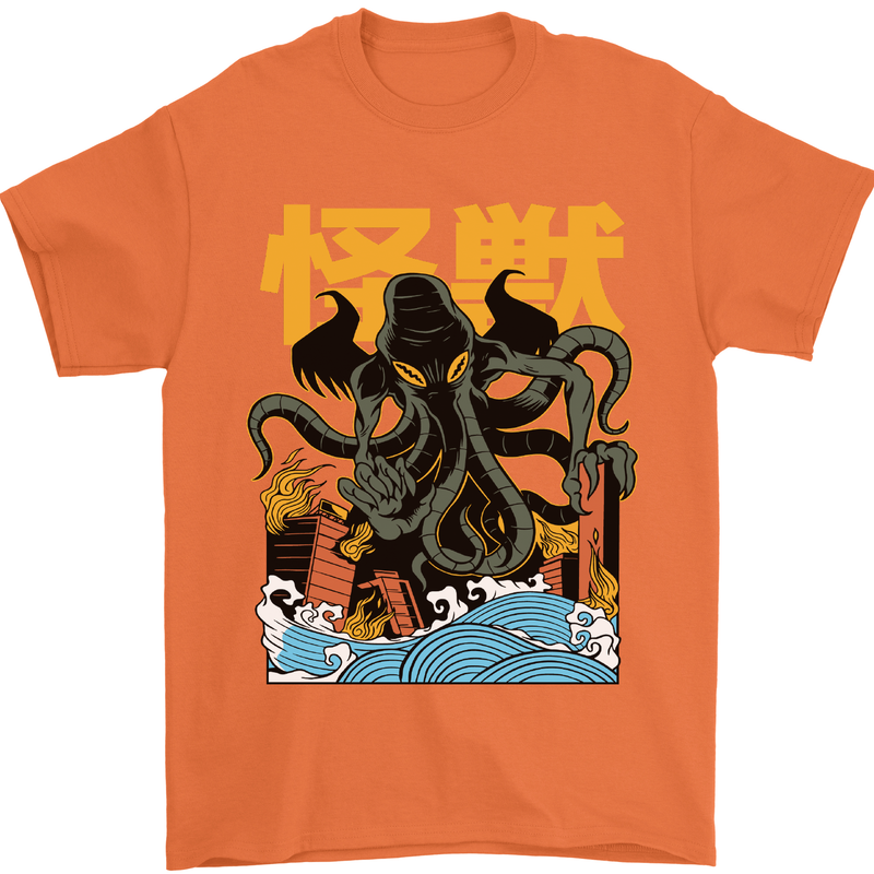 Cthulhu Japanese Anime Kraken Mens T-Shirt Cotton Gildan Orange