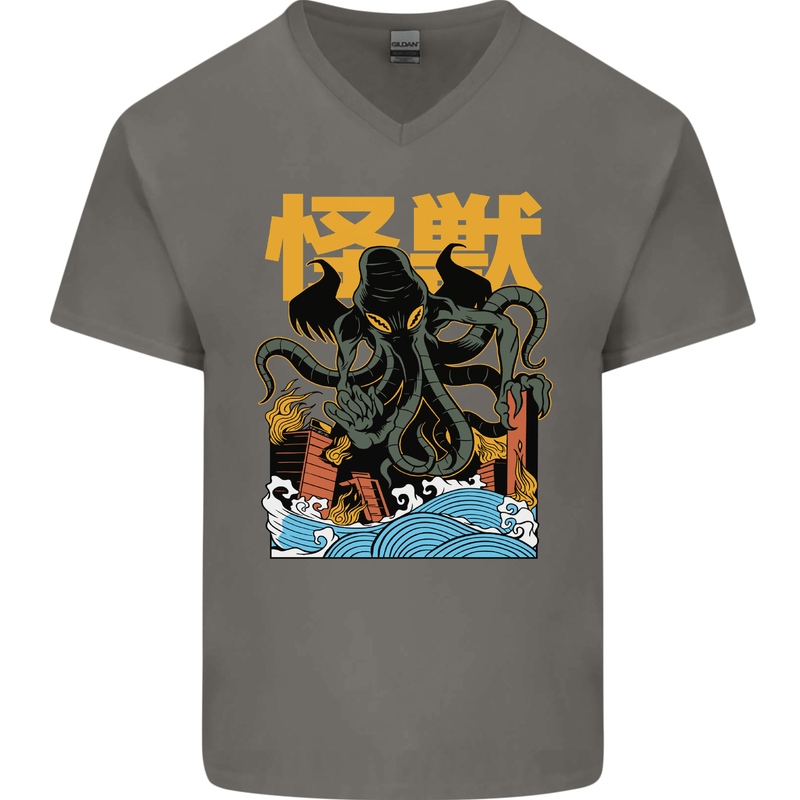 Cthulhu Japanese Anime Kraken Mens V-Neck Cotton T-Shirt Charcoal