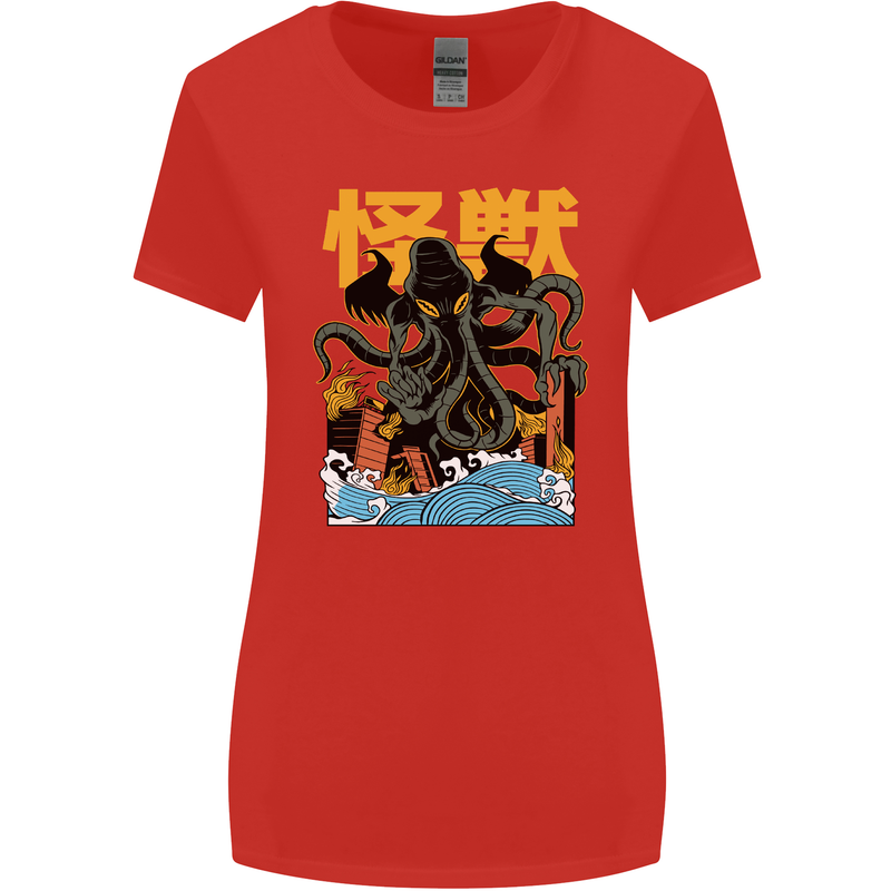 Cthulhu Japanese Anime Kraken Womens Wider Cut T-Shirt Red