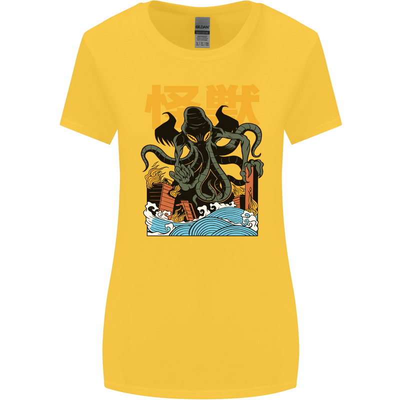 Cthulhu Japanese Anime Kraken Womens Wider Cut T-Shirt Yellow