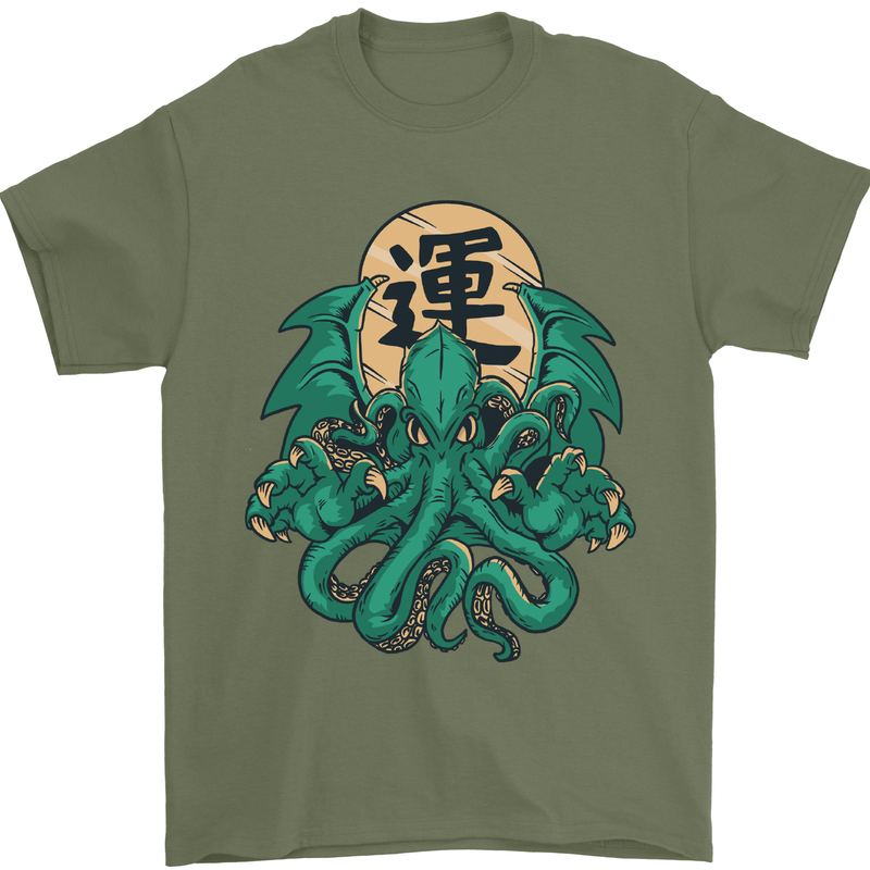 Cthulhu Monster Kraken Mens T-Shirt Cotton Gildan Military Green