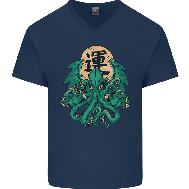 Cthulhu Monster Kraken Mens V-Neck Cotton T-Shirt Navy Blue