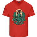 Cthulhu Monster Kraken Mens V-Neck Cotton T-Shirt Red