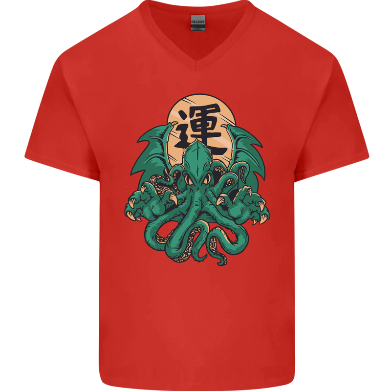 Cthulhu Monster Kraken Mens V-Neck Cotton T-Shirt Red