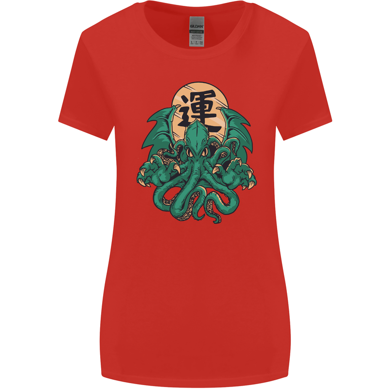Cthulhu Monster Kraken Womens Wider Cut T-Shirt Red