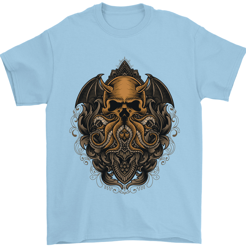 Cthulhu Octopus Kraken Devil Skull Demon Mens T-Shirt Cotton Gildan Light Blue