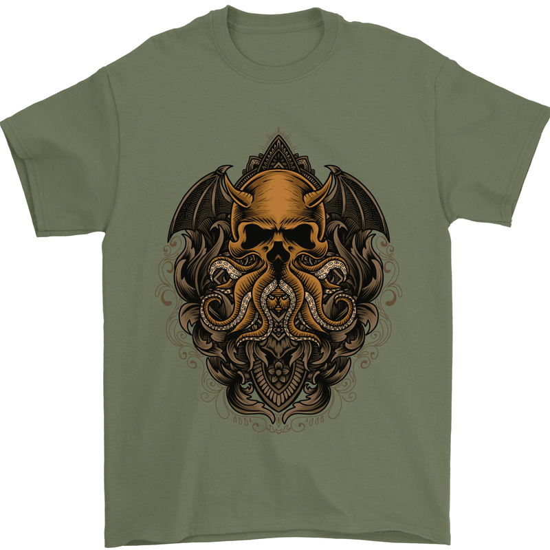 Cthulhu Octopus Kraken Devil Skull Demon Mens T-Shirt Cotton Gildan Military Green