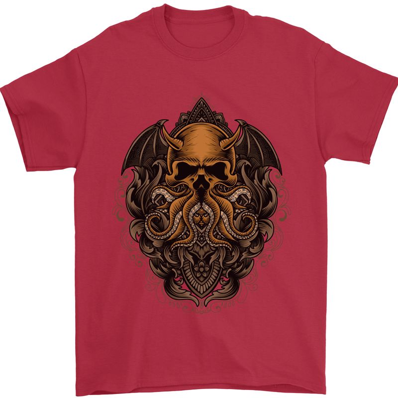 Cthulhu Octopus Kraken Devil Skull Demon Mens T-Shirt Cotton Gildan Red