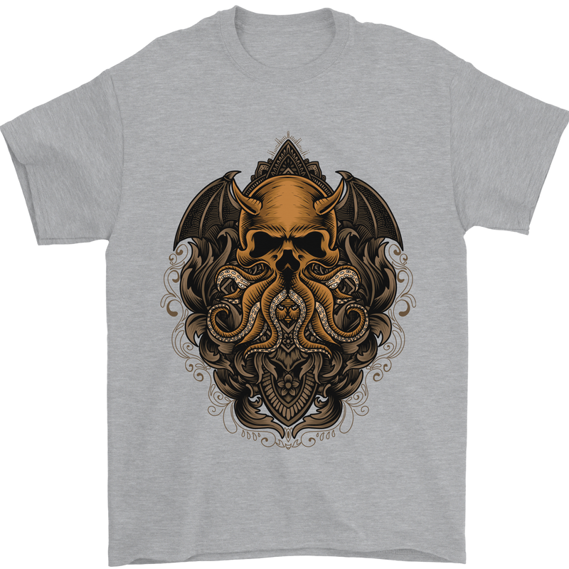 Cthulhu Octopus Kraken Devil Skull Demon Mens T-Shirt Cotton Gildan Sports Grey