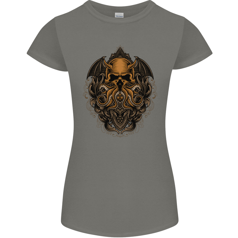 Cthulhu Octopus Kraken Devil Skull Demon Womens Petite Cut T-Shirt Charcoal