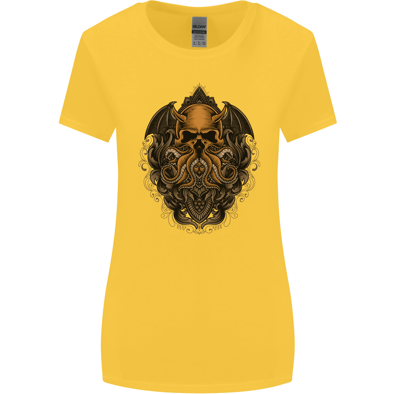 Cthulhu Octopus Kraken Devil Skull Demon Womens Wider Cut T-Shirt Yellow