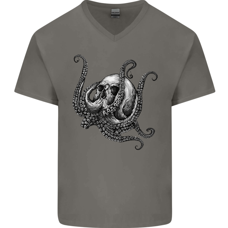 Cthulhu Skull Mens V-Neck Cotton T-Shirt Charcoal