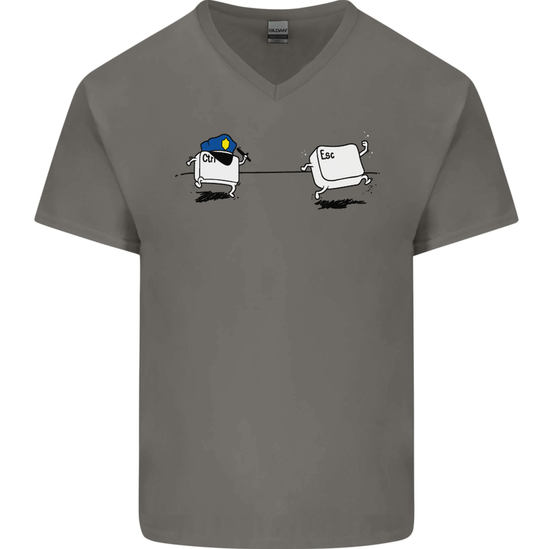 Ctrl Esc Funny Keyboard Police Gaming Gamer Mens V-Neck Cotton T-Shirt Charcoal