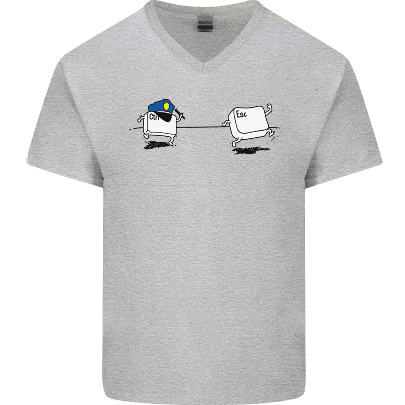 Ctrl Esc Funny Keyboard Police Gaming Gamer Mens V-Neck Cotton T-Shirt Sports Grey