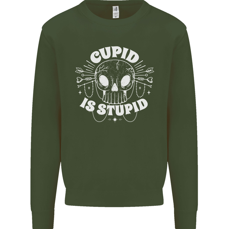 Cupid Is Stupid Funny Anti Valentines Day Kids Sweatshirt Jumper Forest Green
