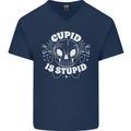 Cupid Is Stupid Funny Anti Valentines Day Mens V-Neck Cotton T-Shirt Navy Blue
