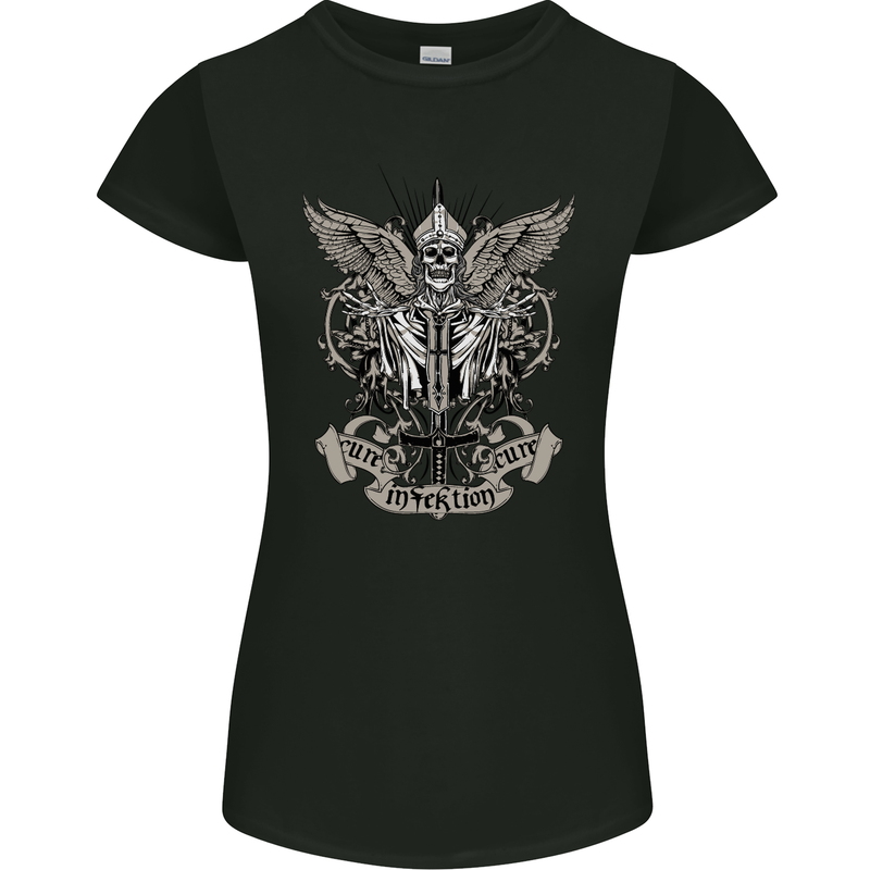 Cure the Infektion Skull Motorbike Biker Womens Petite Cut T-Shirt Black