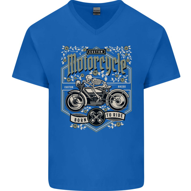 Custom Motorcycle Biker Motorbike Mens V-Neck Cotton T-Shirt Royal Blue