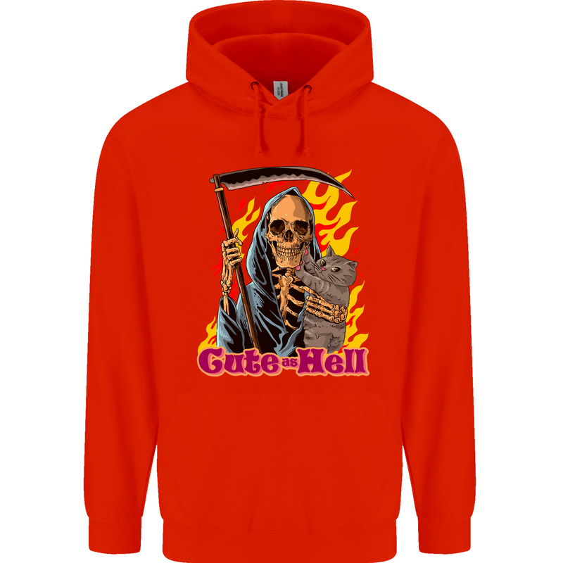 Cute Hell Cat Grim Reaper Skull Halloween Childrens Kids Hoodie Bright Red