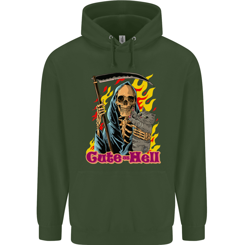Cute Hell Cat Grim Reaper Skull Halloween Childrens Kids Hoodie Forest Green