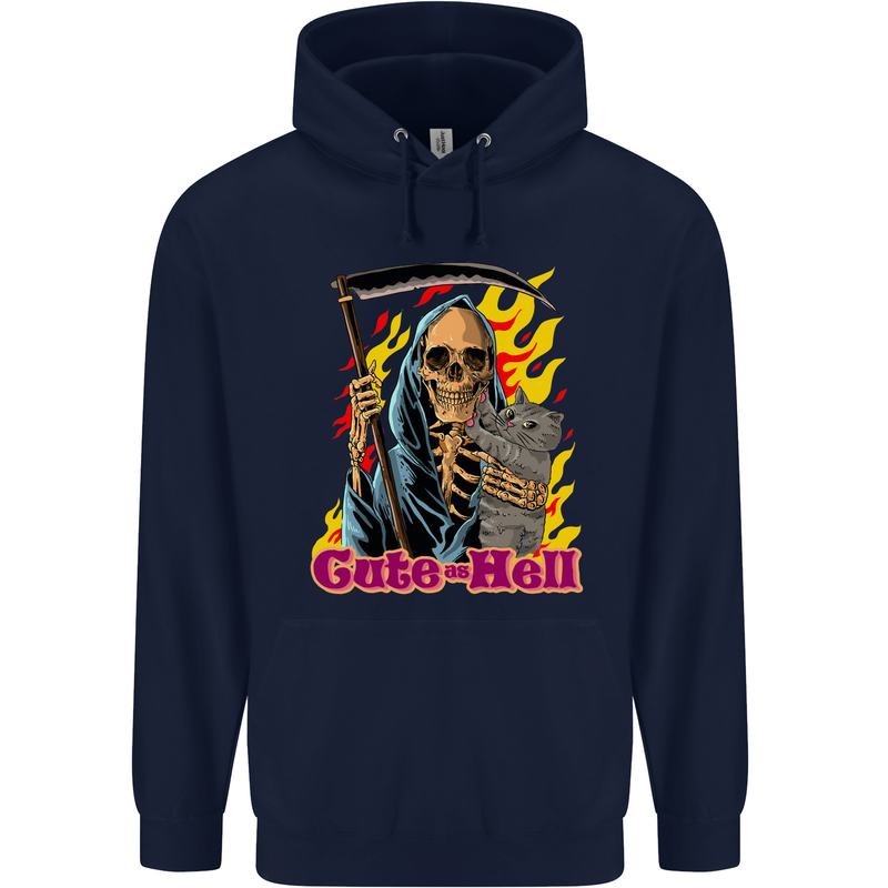 Cute Hell Cat Grim Reaper Skull Halloween Childrens Kids Hoodie Navy Blue