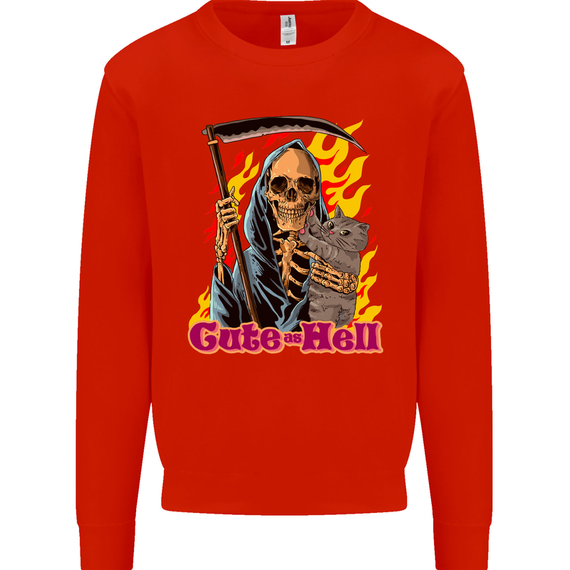 Cute Hell Cat Grim Reaper Skull Halloween Kids Sweatshirt Jumper Bright Red