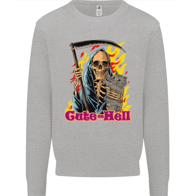 Cute Hell Cat Grim Reaper Skull Halloween Kids Sweatshirt Jumper Sports Grey