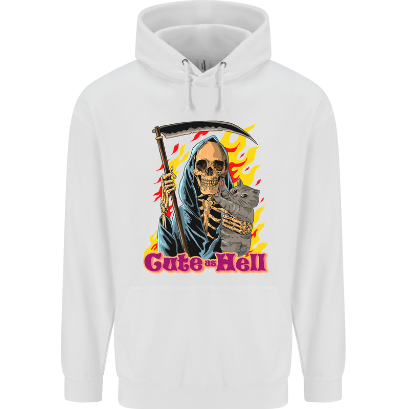 Cute Hell Cat Grim Reaper Skull Halloween Mens 80% Cotton Hoodie White