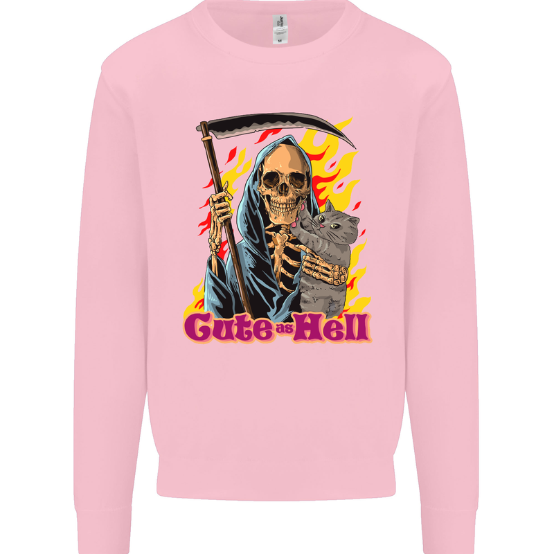 Cute Hell Cat Grim Reaper Skull Halloween Mens Sweatshirt Jumper Light Pink