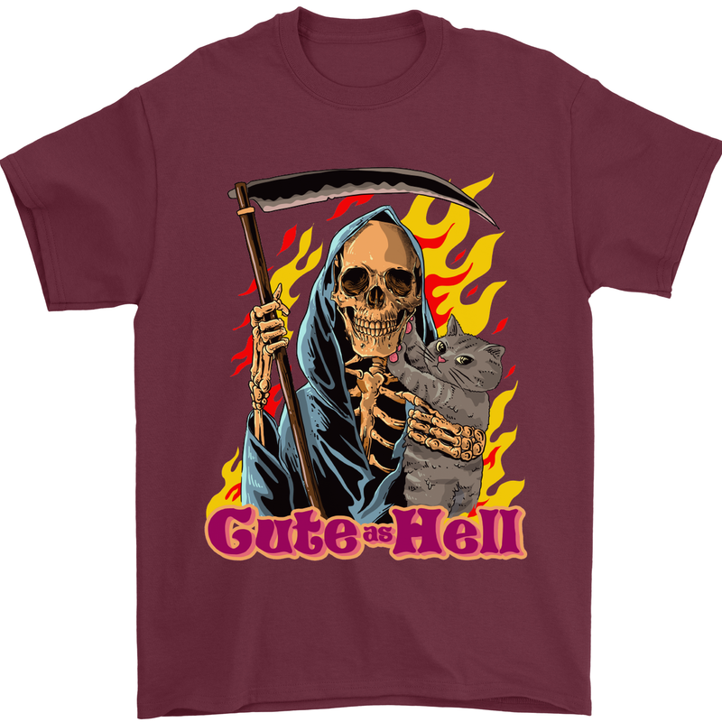 Cute Hell Cat Grim Reaper Skull Halloween Mens T-Shirt Cotton Gildan Maroon