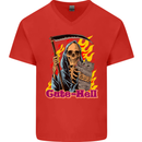 Cute Hell Cat Grim Reaper Skull Halloween Mens V-Neck Cotton T-Shirt Red