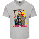 Cute Hell Cat Grim Reaper Skull Halloween Mens V-Neck Cotton T-Shirt Sports Grey