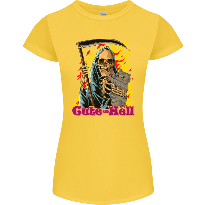 Cute Hell Cat Grim Reaper Skull Halloween Womens Petite Cut T-Shirt Yellow
