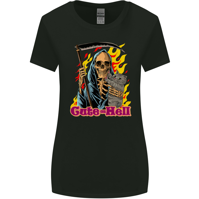 Cute Hell Cat Grim Reaper Skull Halloween Womens Wider Cut T-Shirt Black