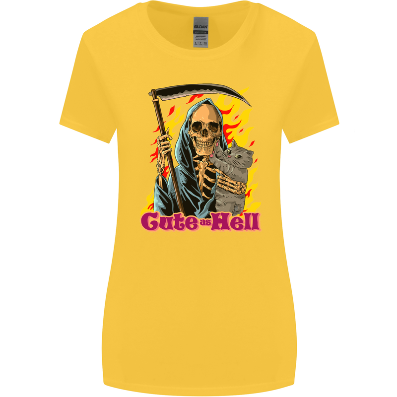 Cute Hell Cat Grim Reaper Skull Halloween Womens Wider Cut T-Shirt Yellow