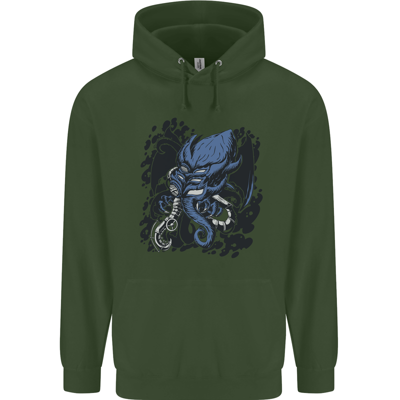 Cyberpunk Cthulhu Kraken Octopus Childrens Kids Hoodie Forest Green