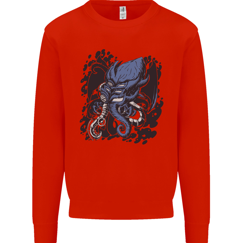Cyberpunk Cthulhu Kraken Octopus Kids Sweatshirt Jumper Bright Red