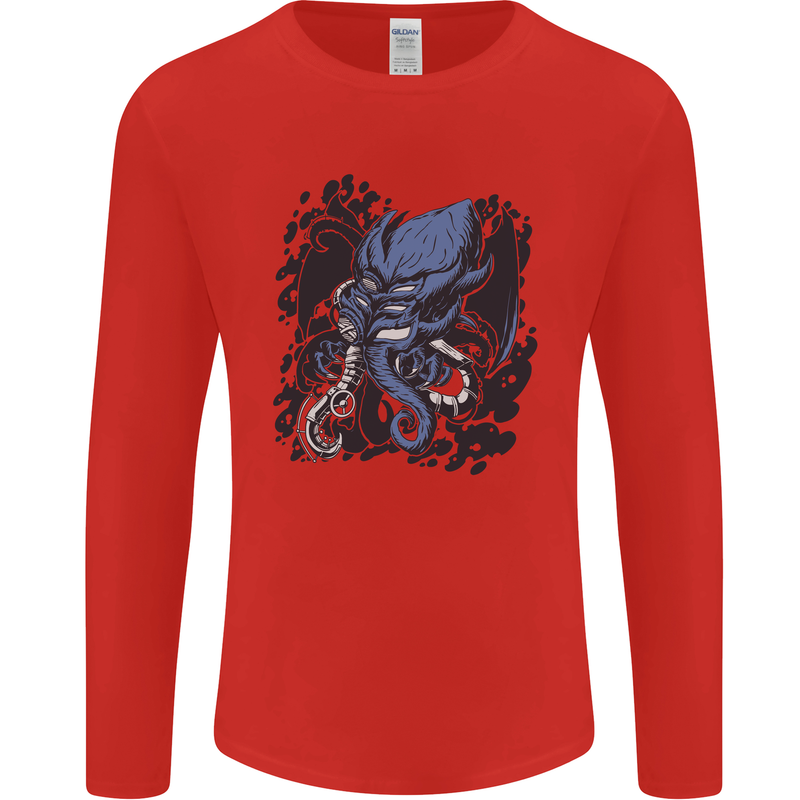 Cyberpunk Cthulhu Kraken Octopus Mens Long Sleeve T-Shirt Red