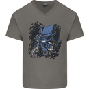Cyberpunk Cthulhu Kraken Octopus Mens V-Neck Cotton T-Shirt Charcoal