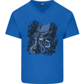 Cyberpunk Cthulhu Kraken Octopus Mens V-Neck Cotton T-Shirt Royal Blue