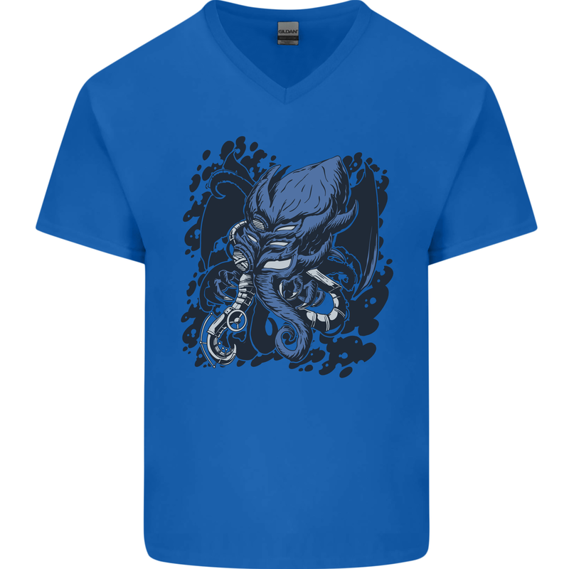 Cyberpunk Cthulhu Kraken Octopus Mens V-Neck Cotton T-Shirt Royal Blue