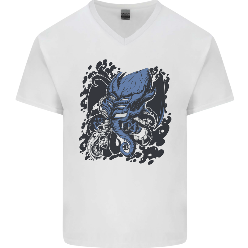 Cyberpunk Cthulhu Kraken Octopus Mens V-Neck Cotton T-Shirt White