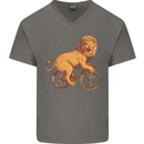 Cycling A Lion Riding a Bicycle Mens V-Neck Cotton T-Shirt Charcoal